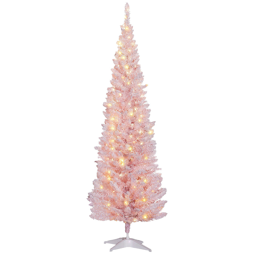 6ft Pencil Christmas Tree, Slim Artificial Christmas Tree with Realistic Branches and Warm White LED Lights, Pink