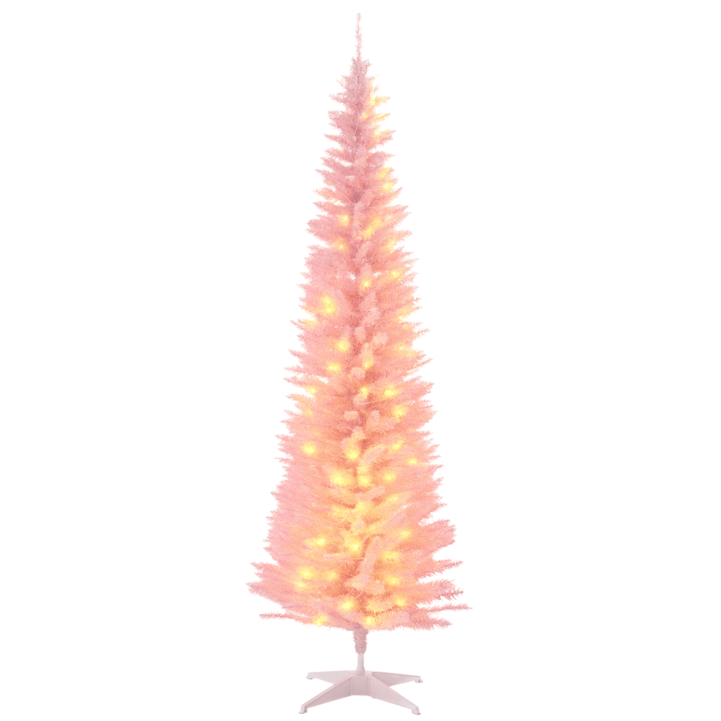 6ft Pencil Christmas Tree, Slim Artificial Christmas Tree with Realistic Branches and Warm White LED Lights, Pink