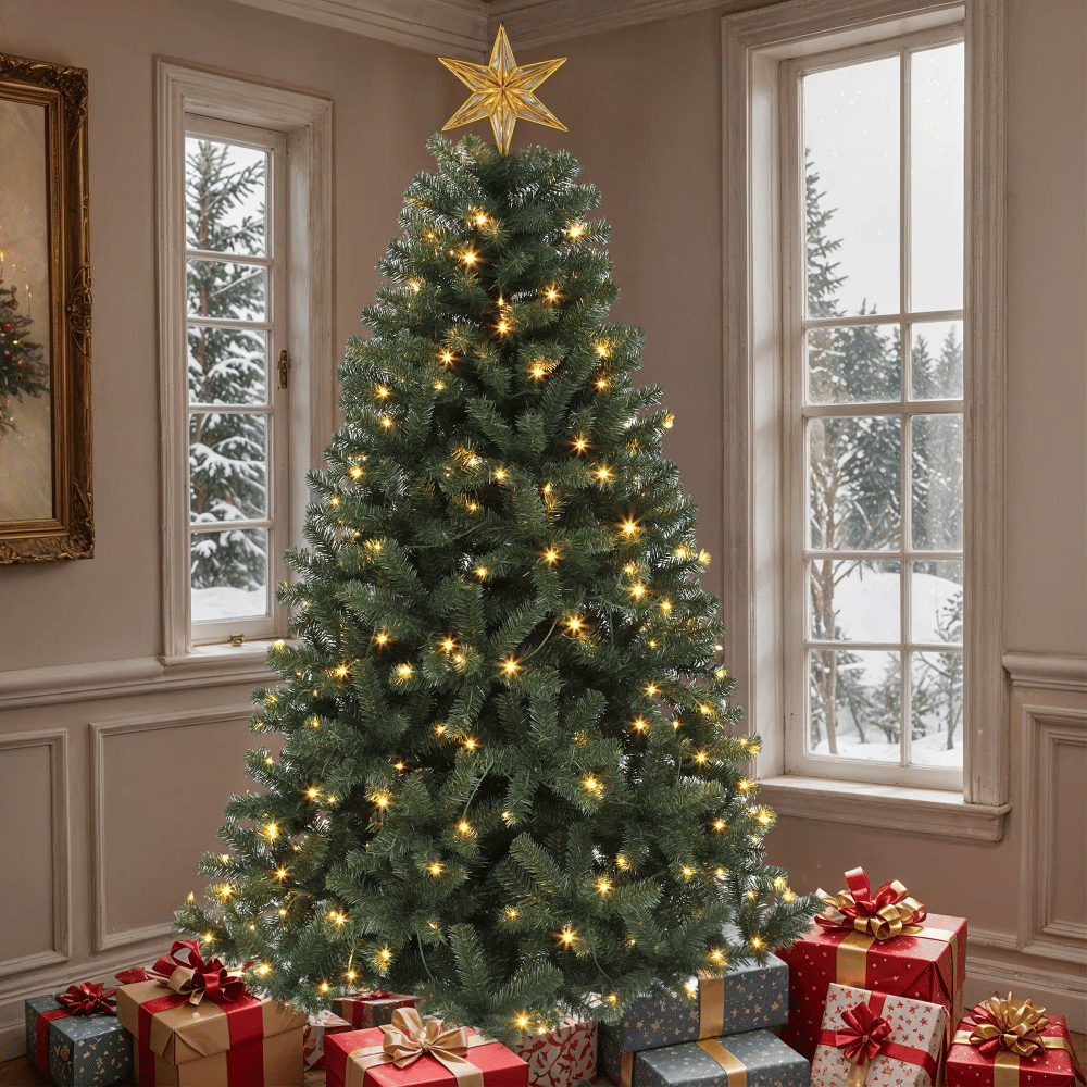 6ft Pre-Lit Artificial Christmas Tree with 1000 Branch Tips&250 Warm Lights, Remote Control, Green