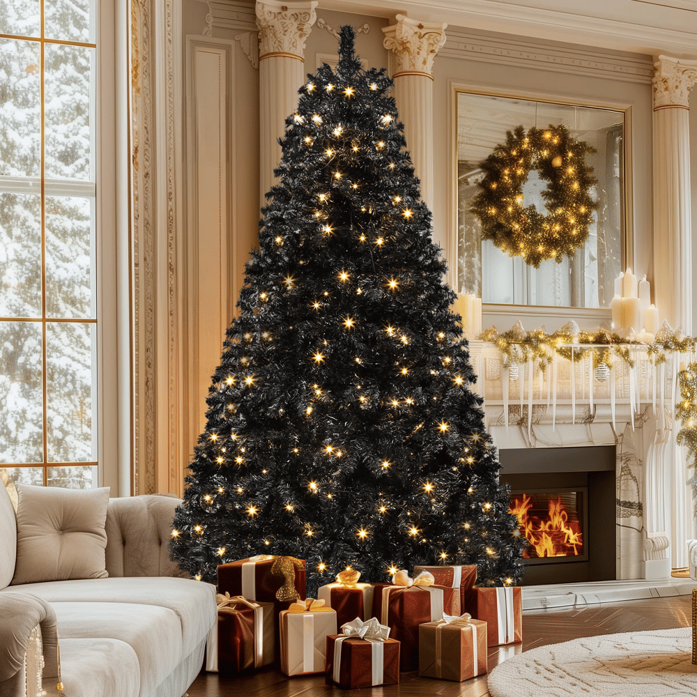 6ft Pre-Lit Artificial Christmas Tree,Hinged Black Halloween Christmas Tree with 818 Branch Tips and 250 Lights,Black