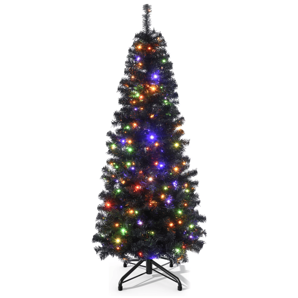 6ft Pre-Lit Artificial Pencil Christmas Tree,Hinged Artificial Slim Christmas Tree with 700 Branch Tips, 200 Lights,forHome, Office, and PartyDecor,Black