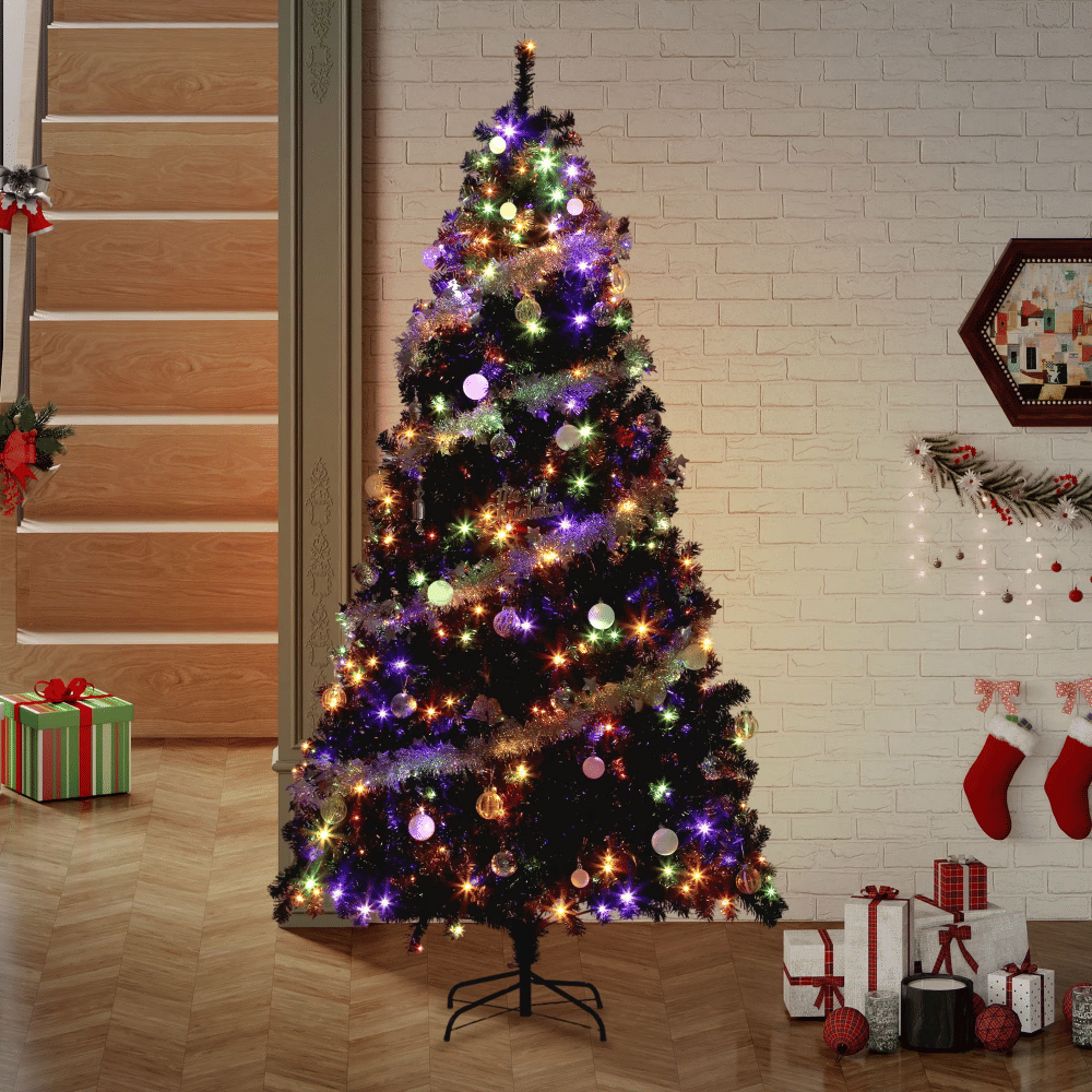 6ft Pre-lit Artificial Pine Christmas Tree with 818 Branch Tips & 250 Lights, Remote Control, Black