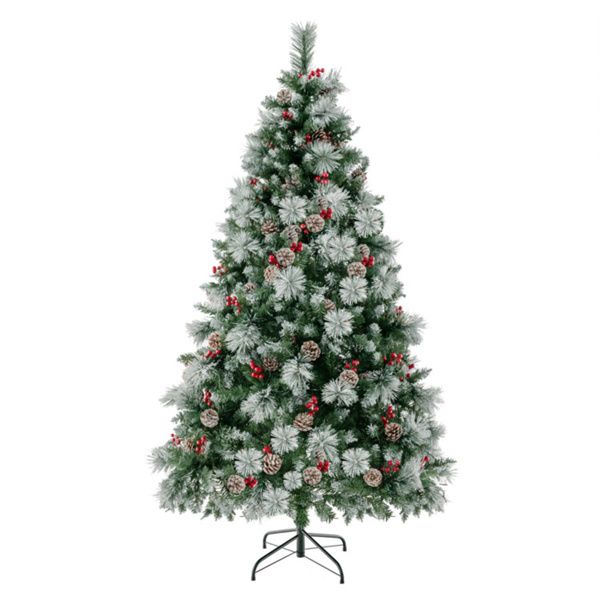 6ft Pre-Lit Christmas Tree - 55 Red Berries + 55 Pine Cones, Changeable Lights & Easy Setup, Ideal for Home/Office/Parties