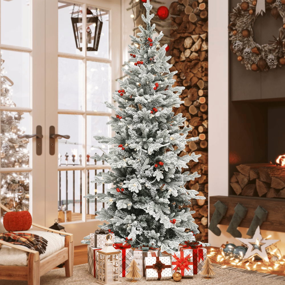 6FT Pre-Lit Flocked Arctic Fir Pencil Tree with 15 Red Berries,Slim Christmas Tree with 520 PE & PVC Mixed Branch Tips & 150 Lights,forHome, Office and PartyDecor