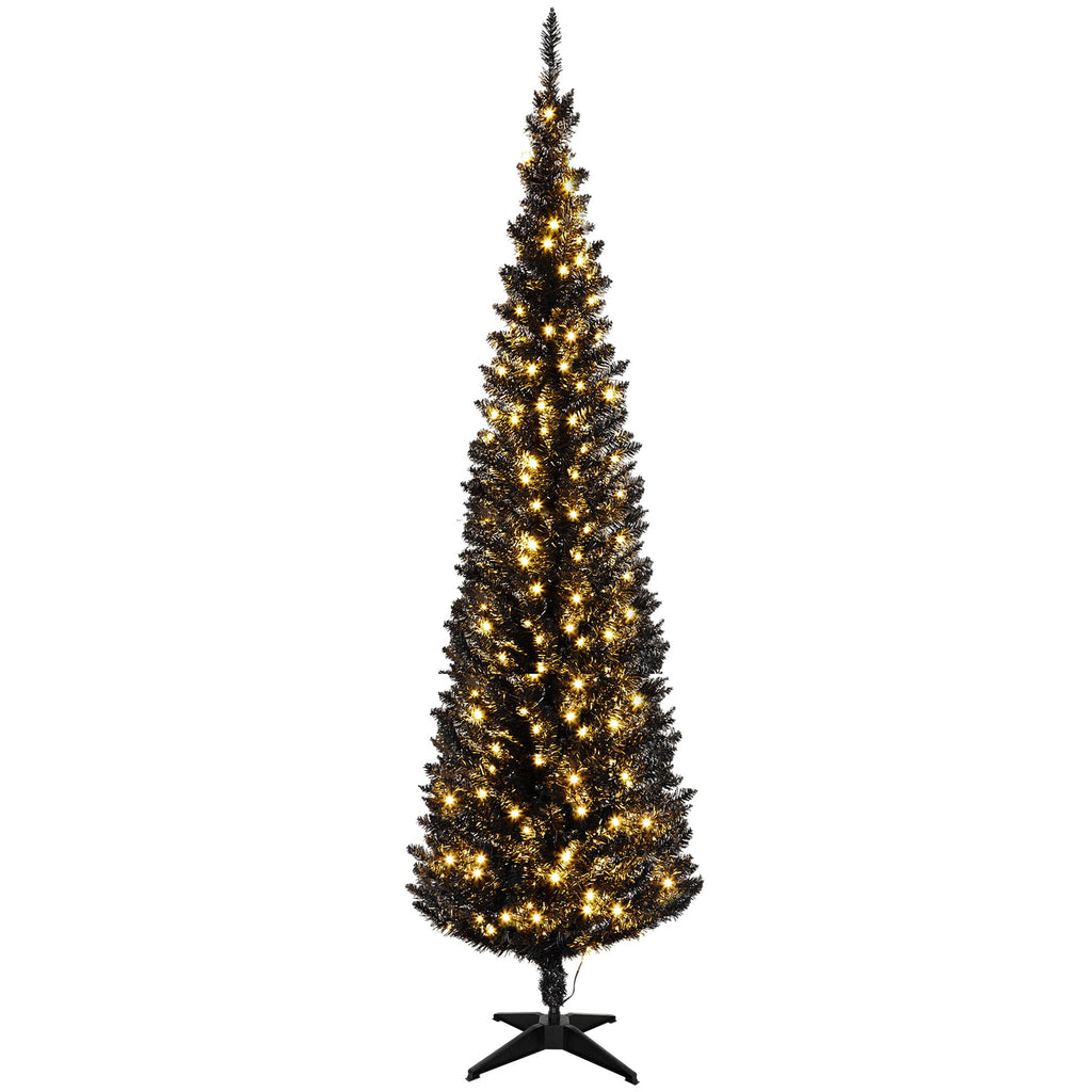 6ft Pre Lit Pencil Christmas Tree, Slim Artificial Xmas Tree w/ Realistic Branches & Warm White LED Lights for Holiday, Black