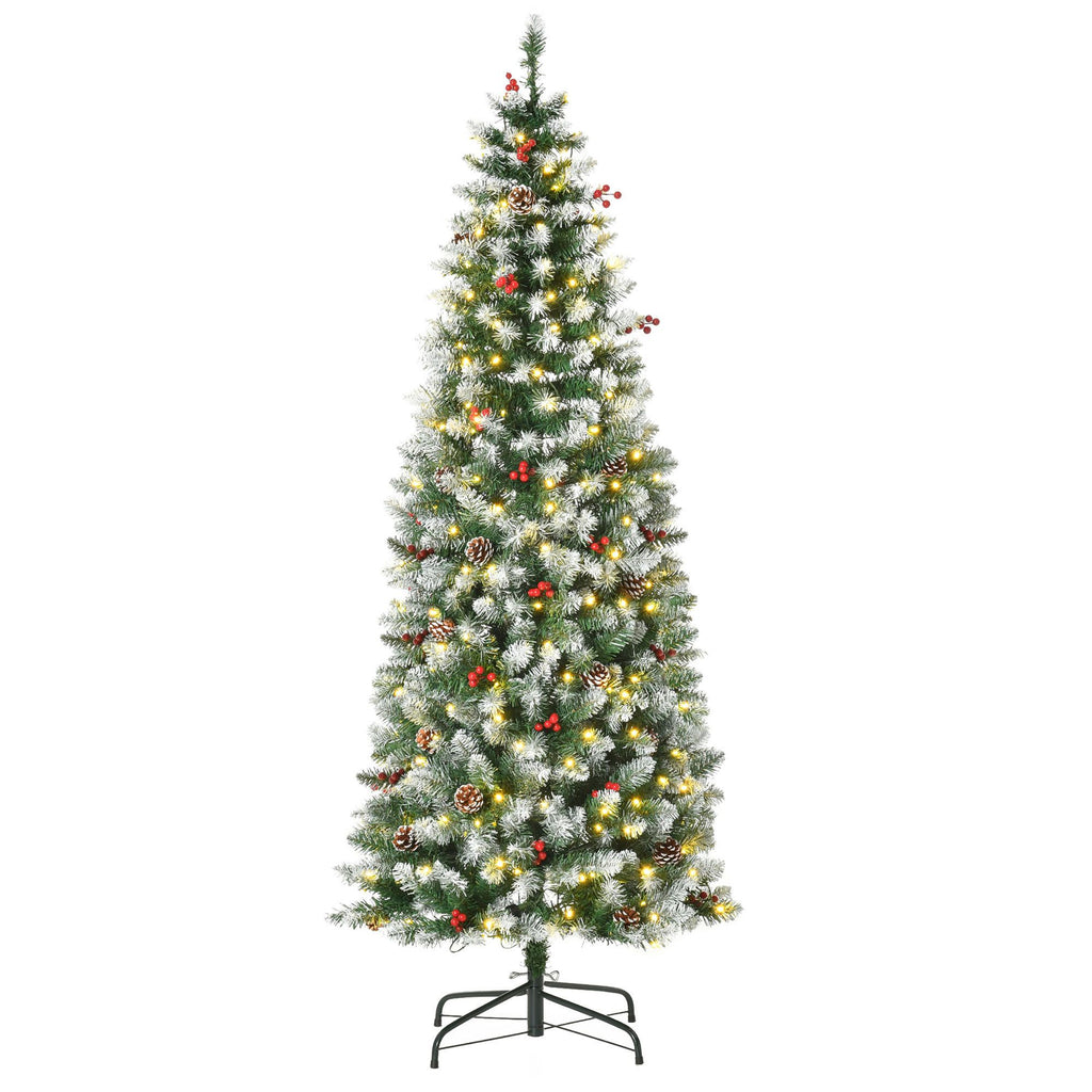 6ft Pre-Lit Snow-Dipped Artificial Christmas Tree with Realistic Branches, 300 LED Lights, Pine Cones, Red Berries and 618 Tips