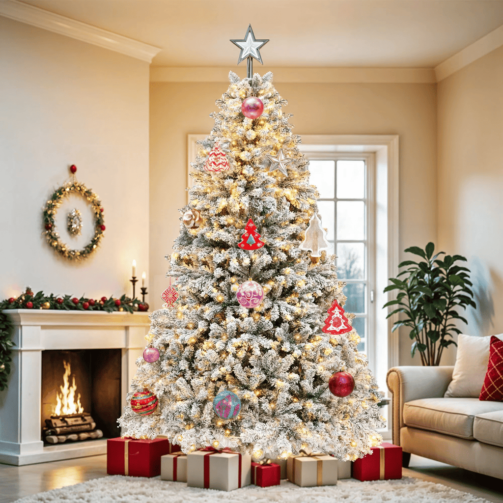 6ft Pre-lit Snow Flocked Christmas Tree with 1000 Branch Tips & 250 Lights, Christmas Pine Tree with Remote, 11 Light Modes