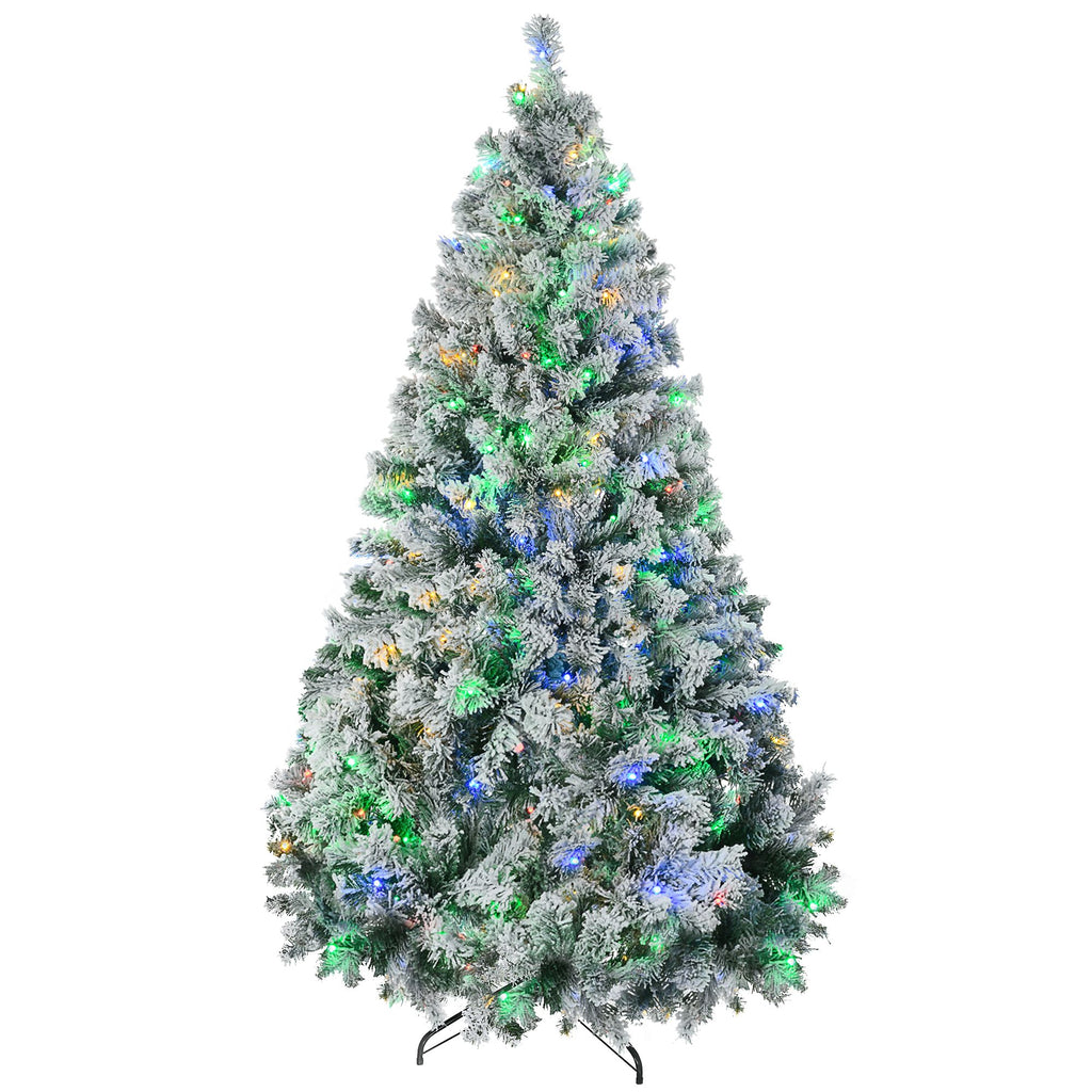 6ft Pre-Lit Snow Flocked Christmas Tree with LED Lights Frosted Branches Steel Base for Festive Decoration