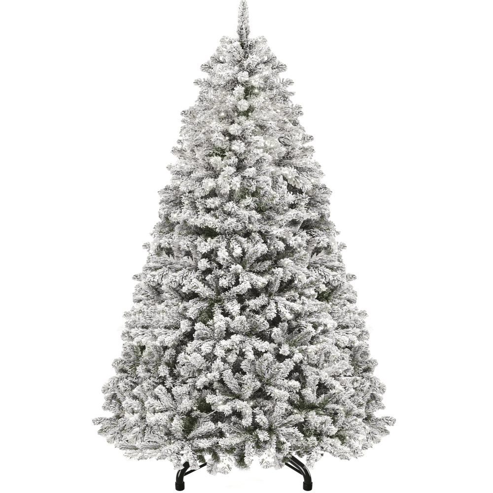 6ft Snow Flocked Artificial Christmas Tree with 250 Lights, 800 Branch Tips,Pre-LitHolidayChristmas Pine Tree with 8 Light Modes and Foldable Base