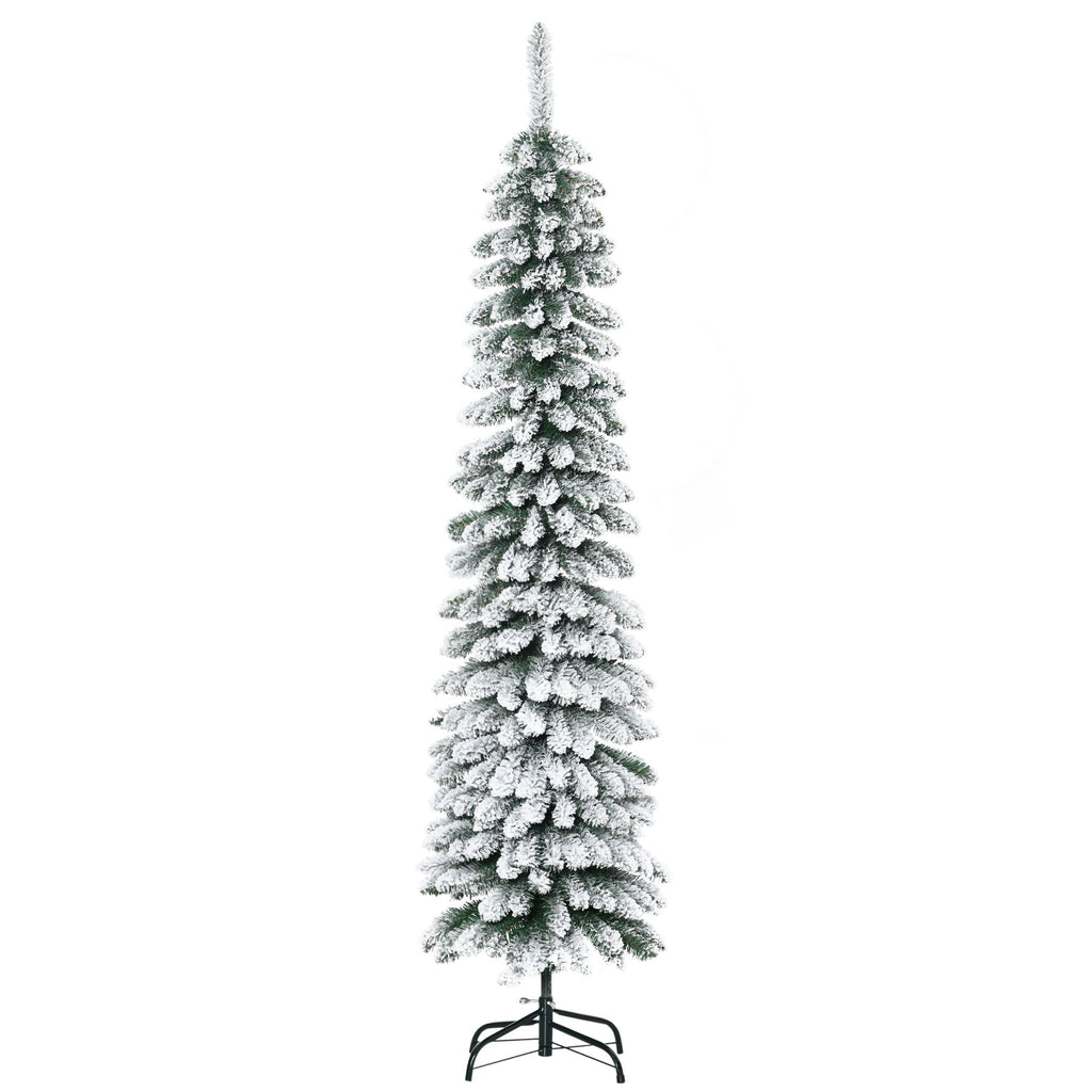 6ft Snow-Flocked Christmas Tree, Slim Pencil Xmas Tree with 395 Realistic Branches & Metal Base, Green