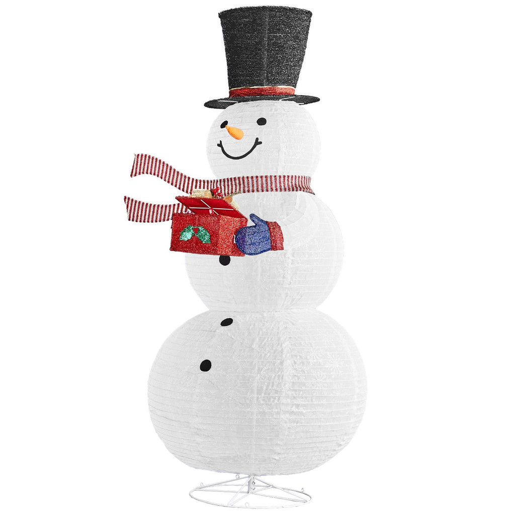 6FT Snowman with Auto-Opening Gift Box, 200 White Lights, Expandable Fabric Christmas Decor, US Plug