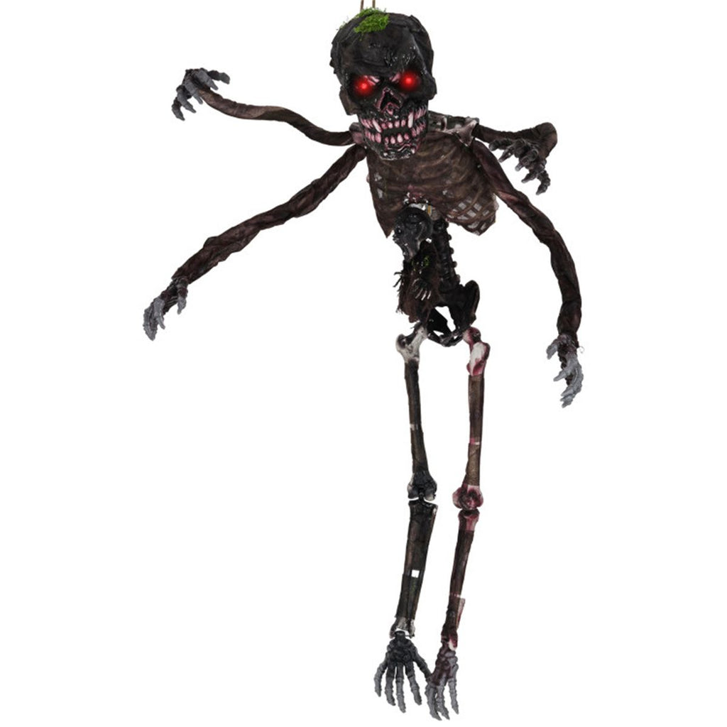 6ft Sound-Activated Halloween Skeleton - Flashing Red Eyes, Spooky Sounds, 4 Poseable Arms + Extra Skull, Hanging Rope