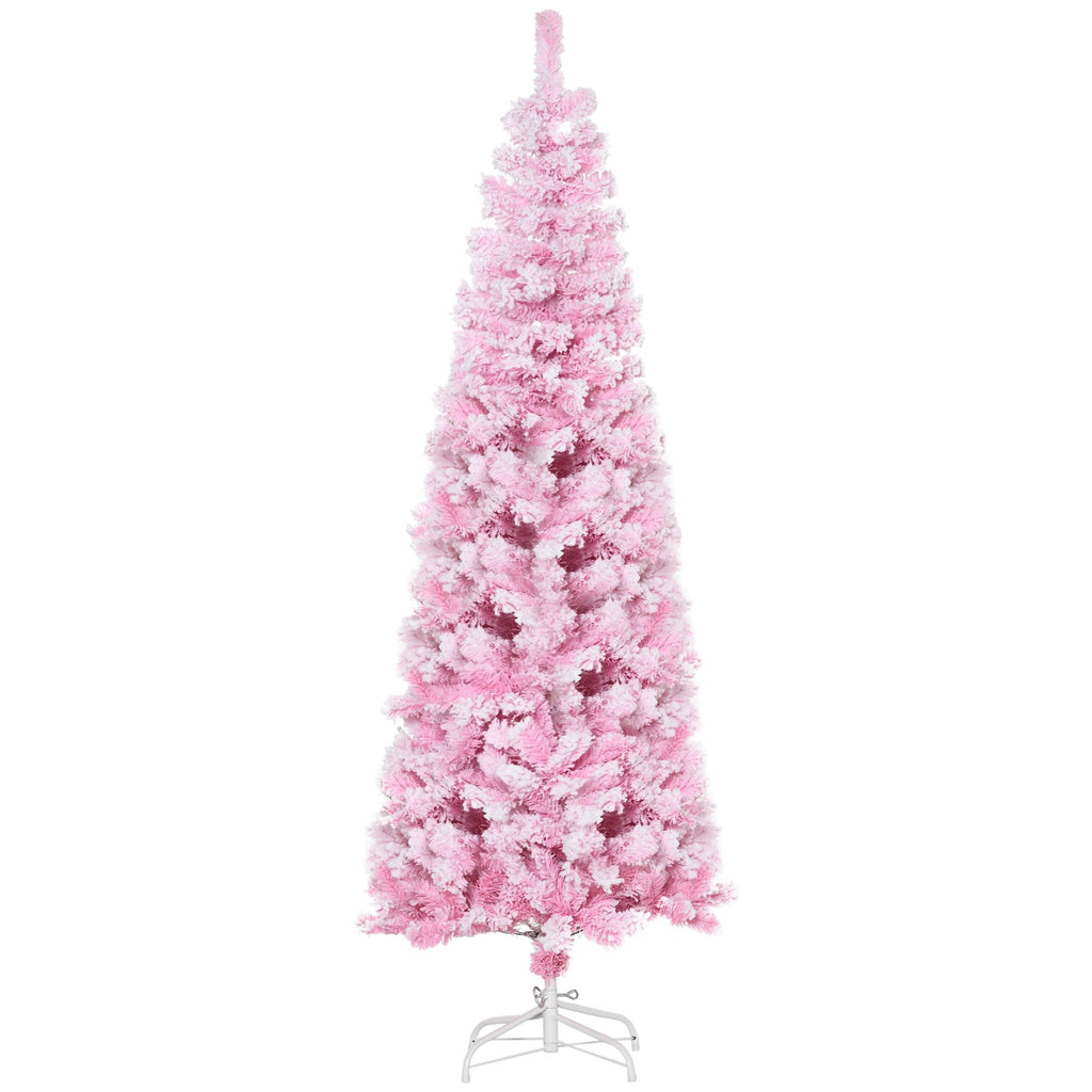 6ft Tall Unlit Snow Flocked Artificial Christmas Tree, Slim Pencil Xmas Tree with Pine Shape and Realistic Branches, Pink