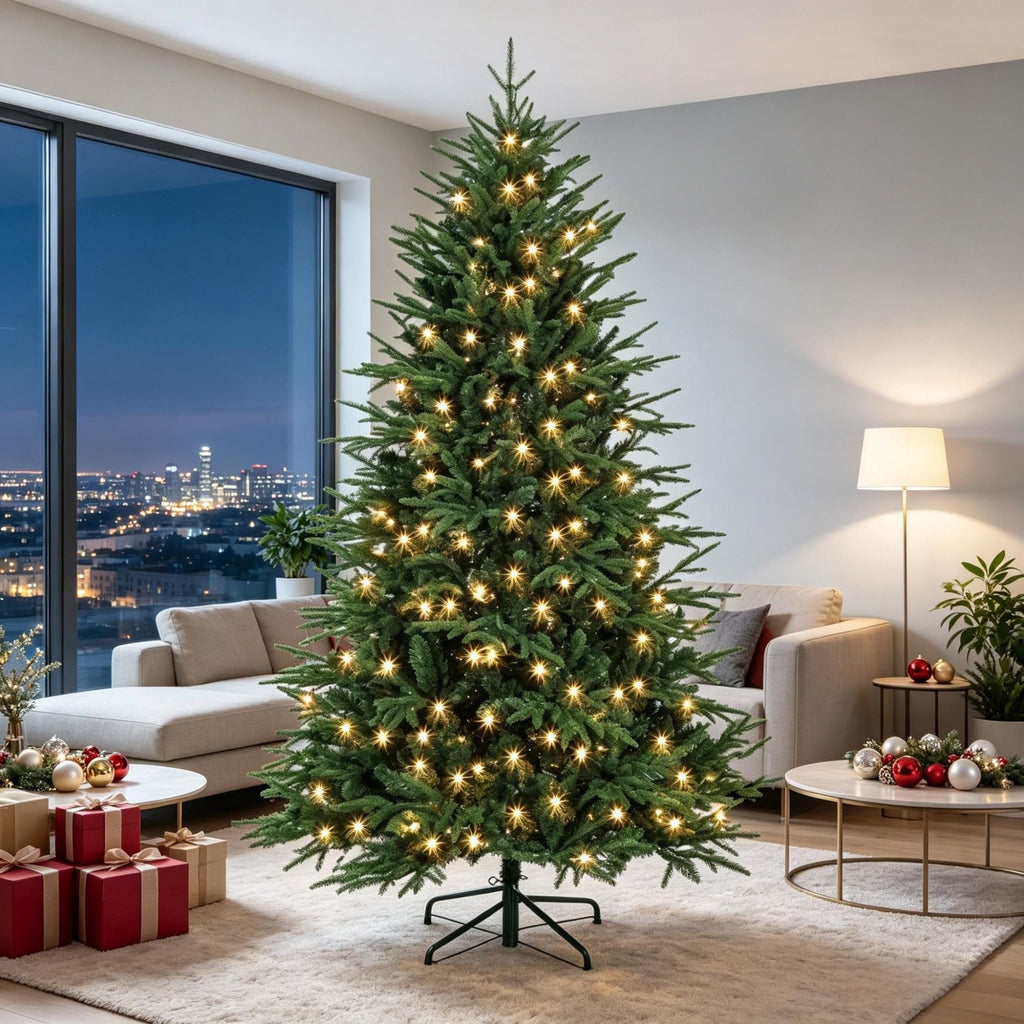 6ft Wide Christmas Tree with 300 Warm White LEDs 2345 Tips Hinged Design