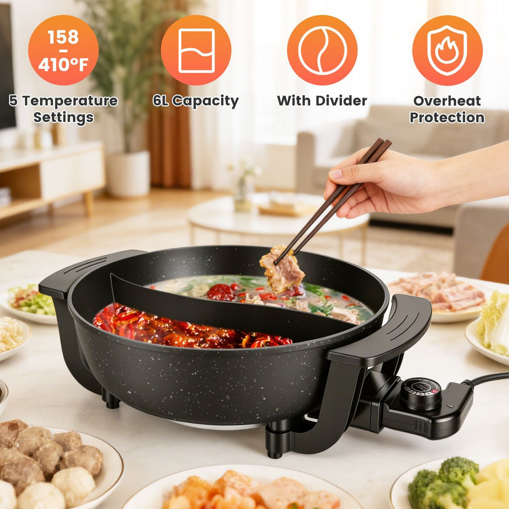 6L Large Capacity Electric Hot Pot with Divider, 5 Gear Adjustable Temperature Non-Stick Electric Cooker, Multifunctional Fondue Pot for 3-6 People with Cooking Tools