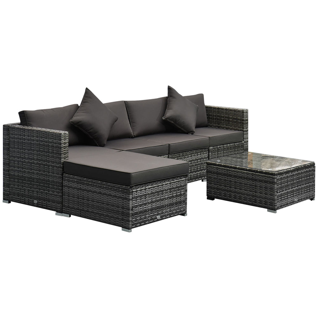 6PC Outdoor Rattan Sofa Set Charcoal Cushions Wicker Sectional Patio Furniture with Ottoman & Coffee Table