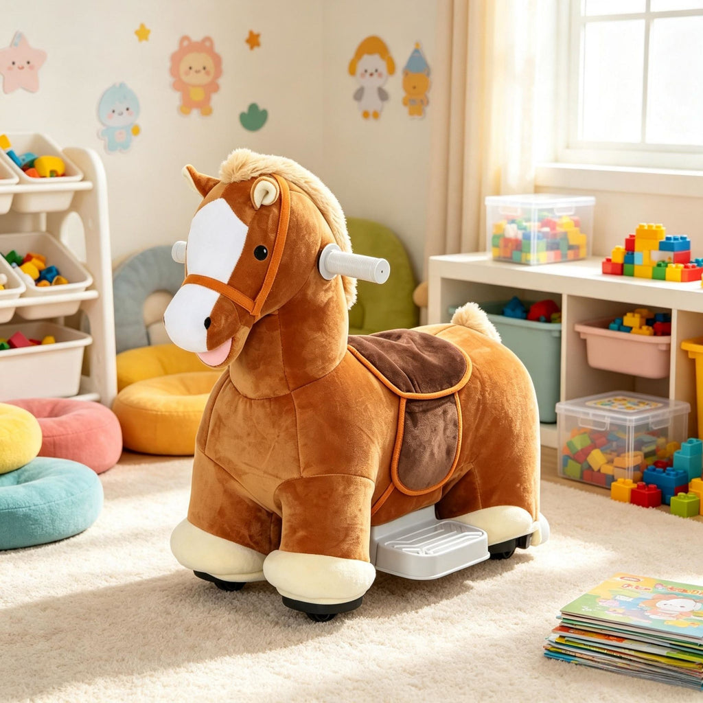 6V Battery Powered Kids Ride On Pony Electric Ride On Horse, with Bear Toy, Music, for 1.5-5 Years Old