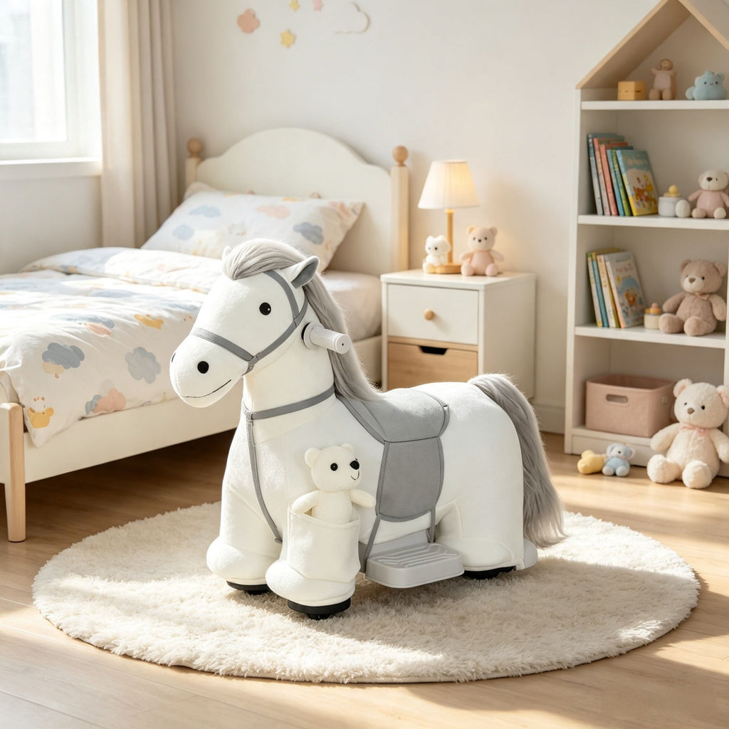 6V Battery Powered Kids Ride On Pony Electric Ride On Horse, with Bear Toy, Music, for 1.5-5 Years Old