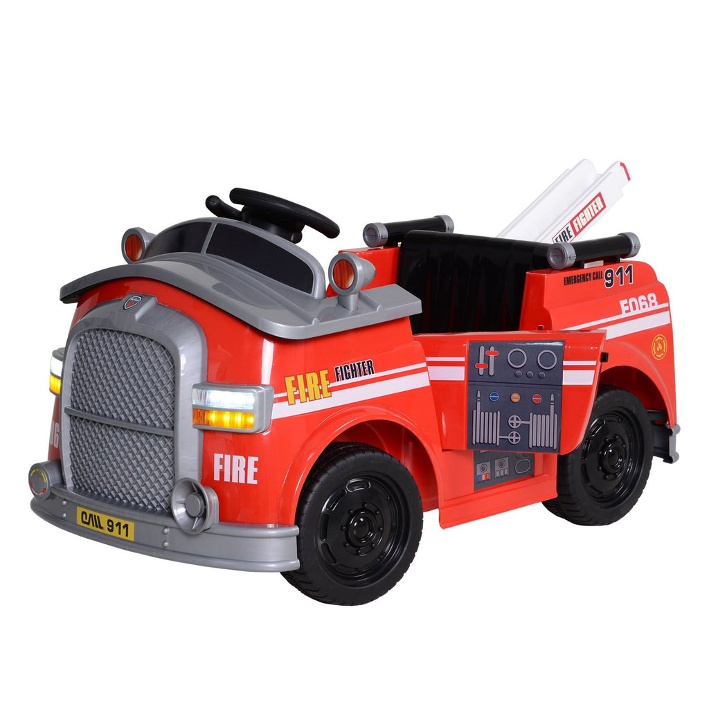 6V Electric Ride-On Fire Truck Vehicle for Kids with Remote Control, Music, Lights & Ladder, Red