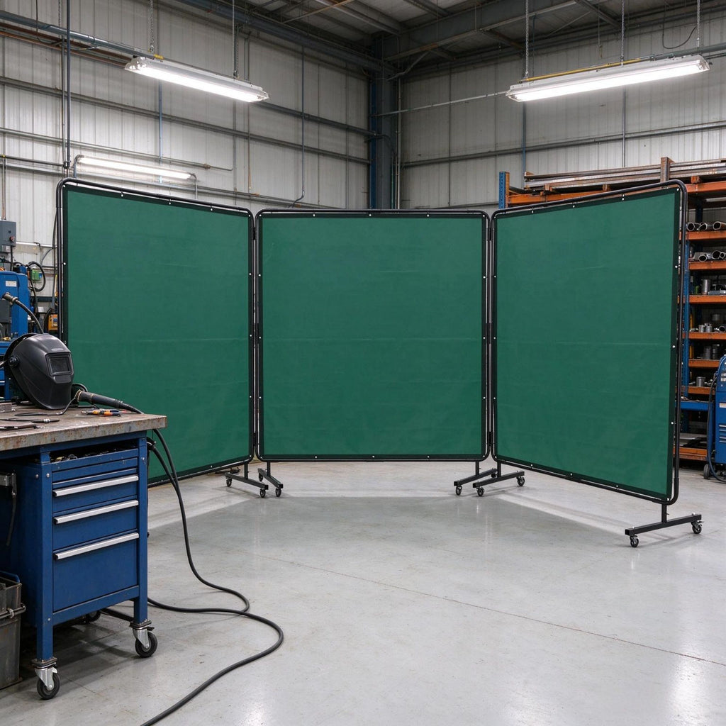 6x6 ft 3-Panel Welding Screen, Flame-Resistant Vinyl Welding Curtain with Frame & 12 Swivel Wheels (6 Lockable), Moveable Workshop Protection Screen, Green