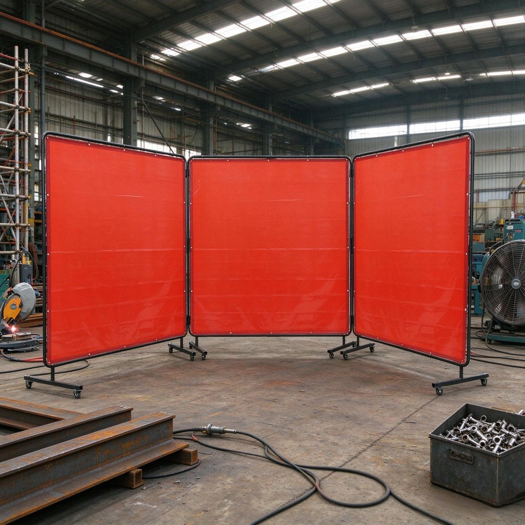 6x6 ft 3-Panel Welding Screen, Flame-Resistant Vinyl Welding Curtain with Frame & 12 Swivel Wheels (6 Lockable), Moveable Workshop Protection Screen, Red