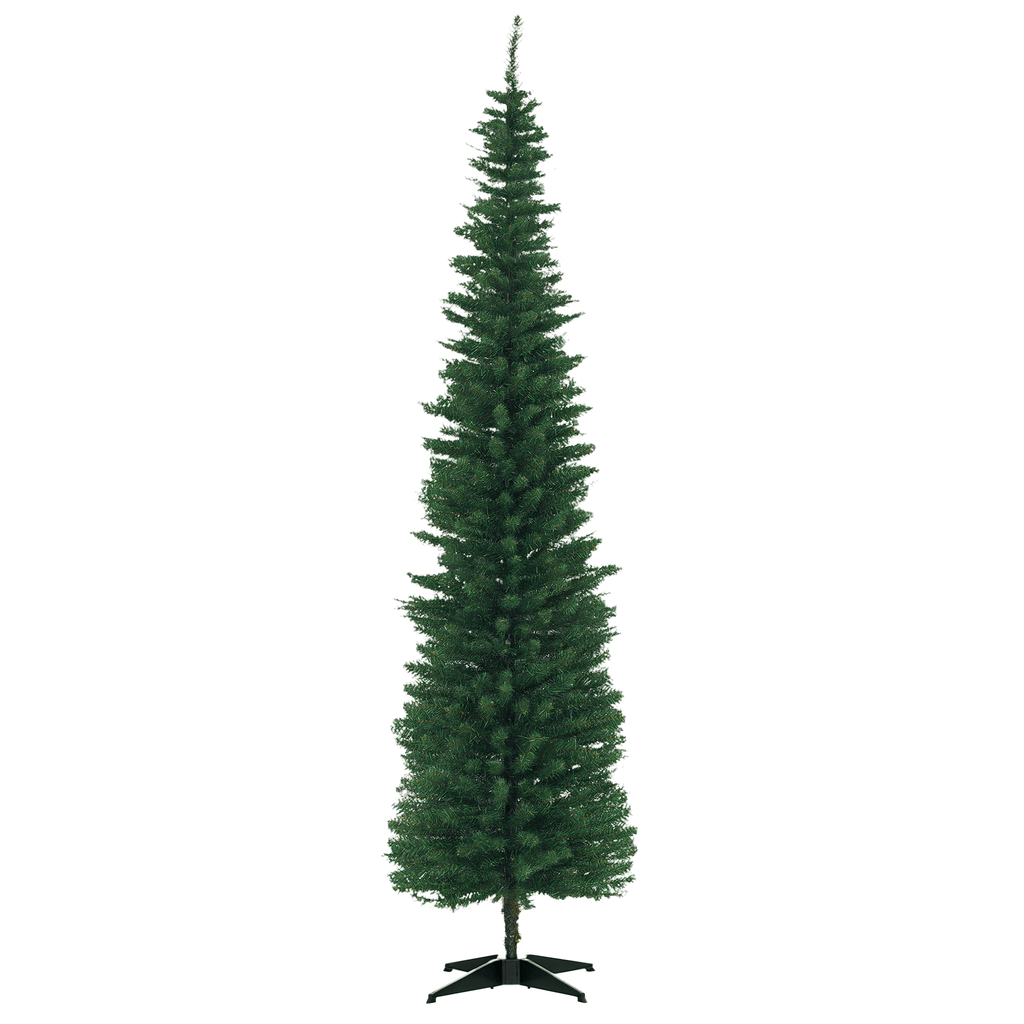 7' Artificial Pencil Christmas Tree, Slim Xmas Tree with 499 Realistic Branch Tips and Plastic Stand, Green