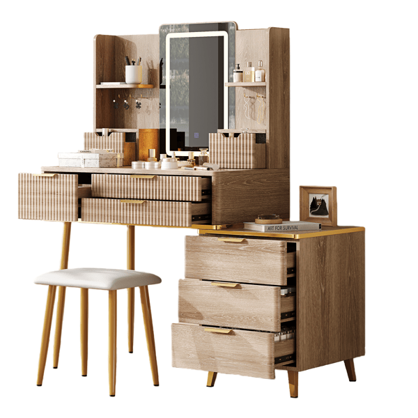 7-Drawer Vanity Desk with LED Mirror & Carved Details, Fluted Makeup Table with Metal Legs and PU Stool, Carved Dressing Table with Jewelry Storage for Bedroom