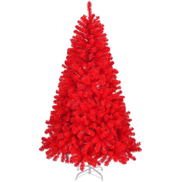 7 FT Artificial Christmas Tree, Unlit Hinged Christmas Pine Tree with 1100 Branch Tips and Sturdy Metal Stand, Red