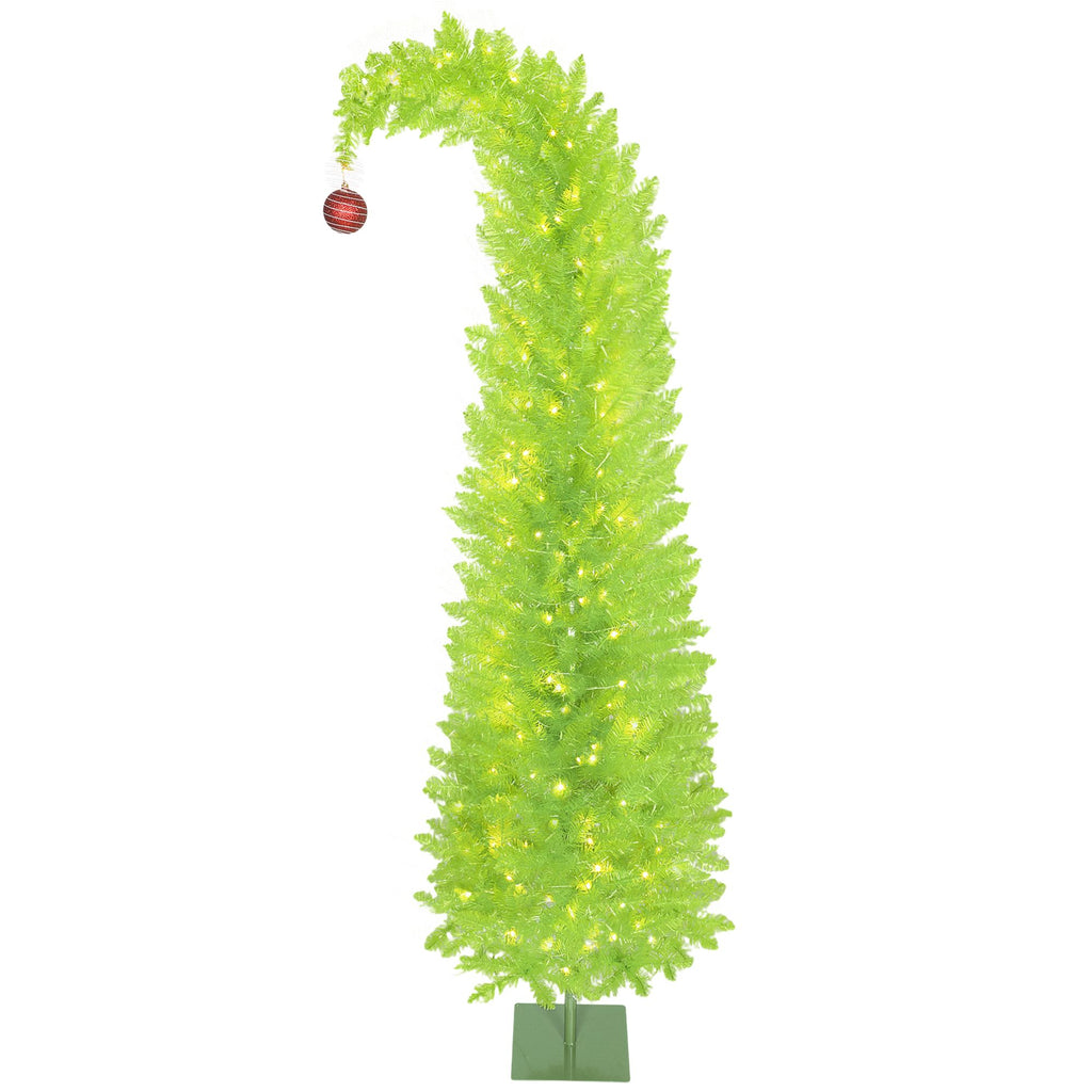 7 ft Bent Top Whimsical Christmas Tree, Pencil Xmas Tree with Red Ball, Metal Base, Prelit with 250 LED Lights
