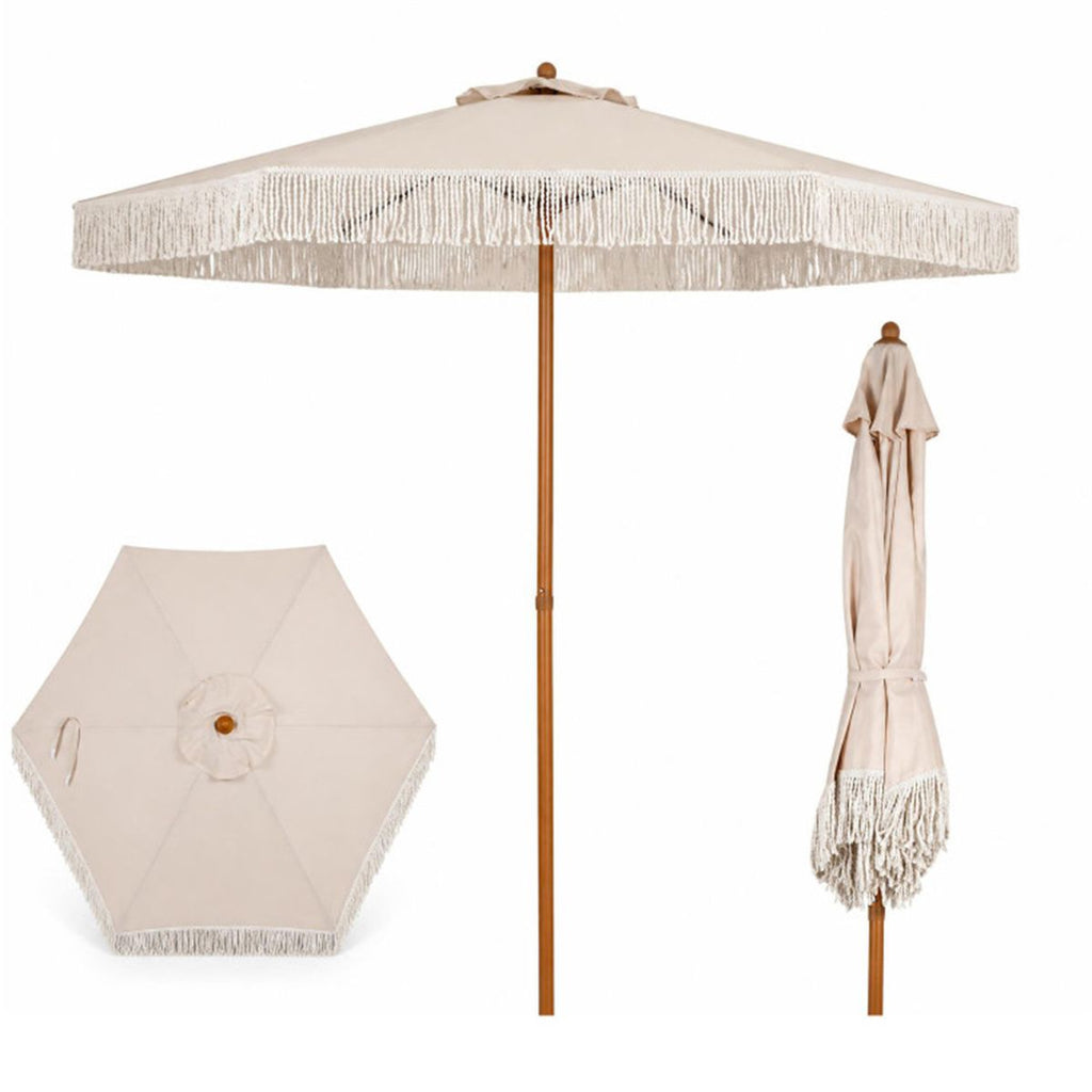 7 Ft Boho Fringe Patio Umbrella with Striped Canopy, Wind Vent Aluminum Pole Outdoor Beach Umbrella with Cotton Tassels - Beige
