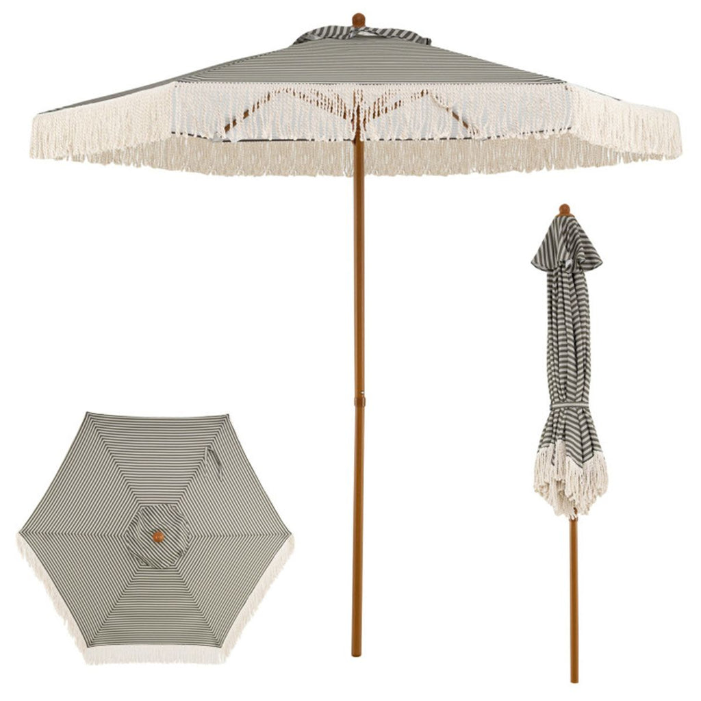 7 Ft Boho Fringe Patio Umbrella with Striped Canopy, Wind Vent Aluminum Pole Outdoor Beach Umbrella with Cotton Tassels - Green