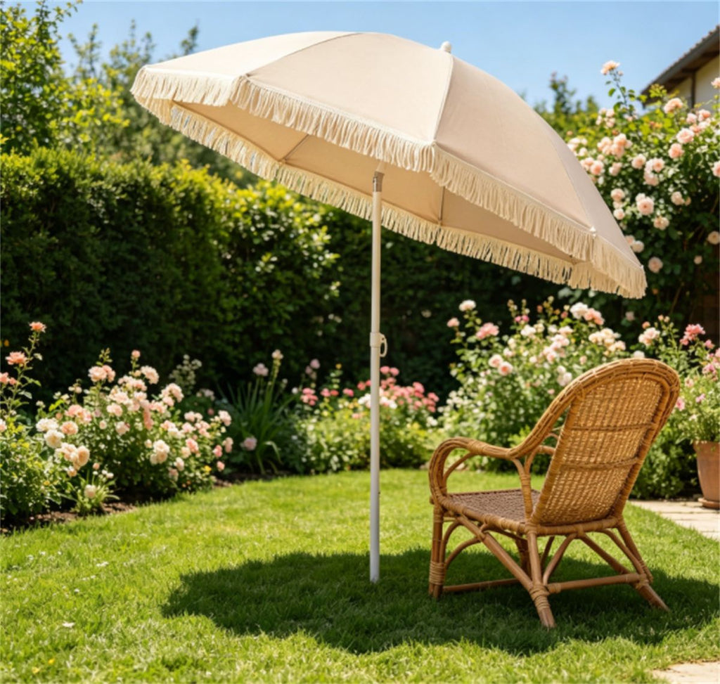 7 FT Boho Patio Umbrella with Fringe Tassel, 30° Adjustable Tilt Outdoor Sun Canopy, Portable 2-Section Metal Beach Umbrella