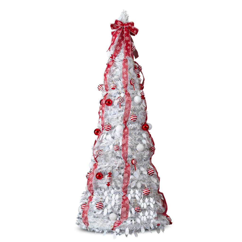 7 FT Fully Decorated Pre-lit Christmas Tree, Pop Up Artificial Xmas Tree with 170 Warm Lights and Red Ornaments for Home Office Store Holiday Deco, White
