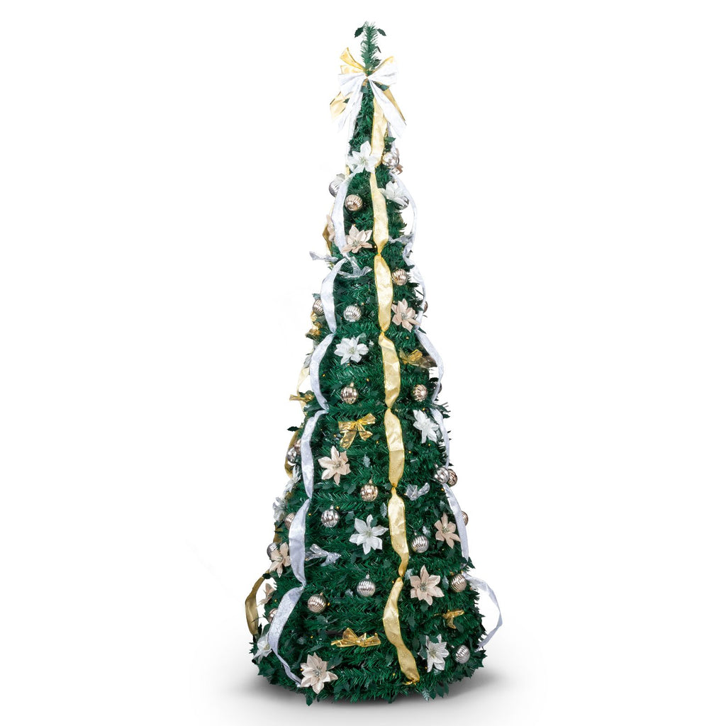 7 FT Fully Decorated Pre-lit Christmas Tree, Pop Up Artificial Xmas Tree with 200 Warm Lights Remote Control and Godlen & Silver Ornaments for Home Office Store Holiday Deco