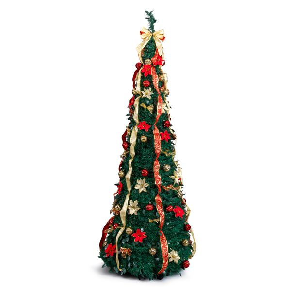 7 FT Fully Decorated Pre-lit Christmas Tree, Pop Up Artificial Xmas Tree with 200 Warm Lights Remote Control and Red & Golden Ornaments for Home Office Store Holiday Deco
