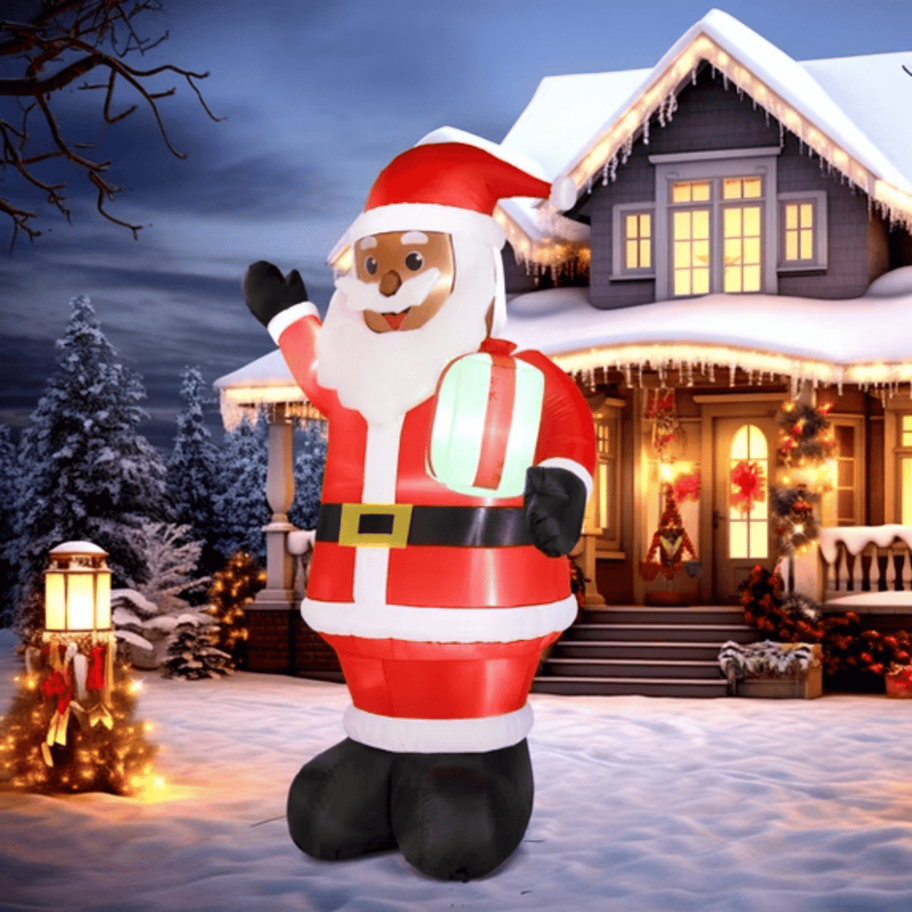 7 ft Lighted Black Santa Christmas Inflatable with Gift, Red and Black
