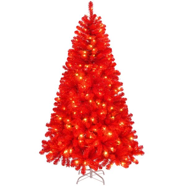 7 FT Pre-lit Artificial Christmas Tree, Hinged Xmas Pine Tree with 1100 Branch Tips, 400 Lights and Remote Control for Holiday Party Office Home, Red