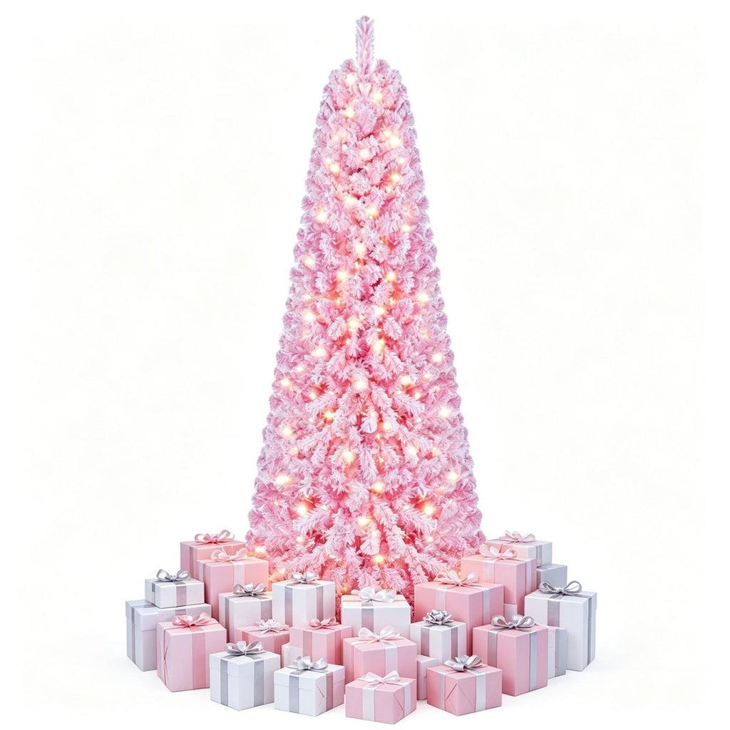 7 FT Pre-Lit Flocked Pink Christmas Tree with 8 Lighting Modes Warm White LED Lights, Hinged Structure Flame-Retardant PVC Tree for Holiday Home Deco