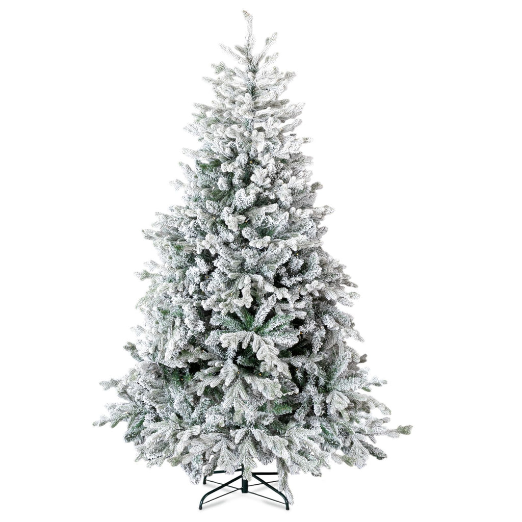 7 FT Pre-lit Snow Flocked Christmas Tree, Artificial Hinged Xmas Pine Tree with 1100 Branch Tips, 400 Lights for Holiday Party Office Home, Snowy Green