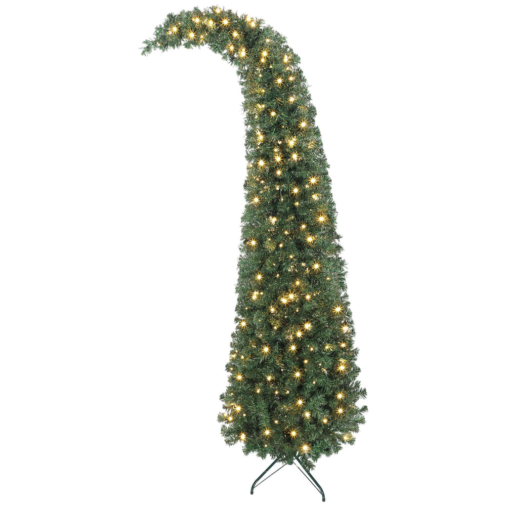 7 ft Prelit Bent Top Christmas Tree, Whimsical Xmas Tree Slim High Mountain Fir with 300 LEDs and Metal Stand, Green
