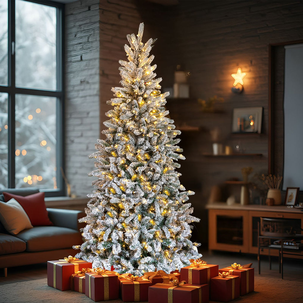 7 FT Snow Flocked Pre-lit Artificial Pencil Christmas Tree, Hinged Xmas Pine Tree with 1100 Branch Tips and 400 Lights for Holiday Party Office Home, Snowy Green
