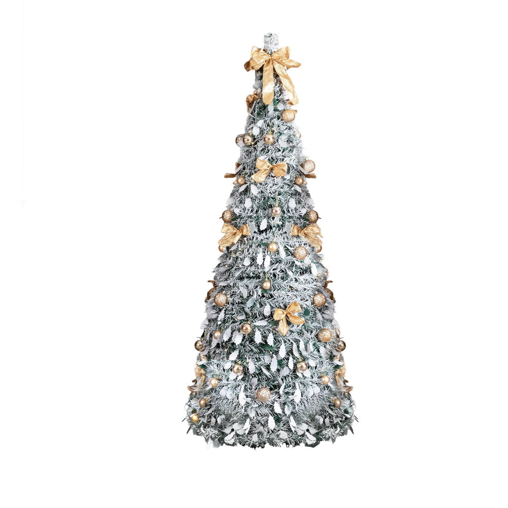 7 FT Snow Flocked Pre-lit Artificial Pop Up Christmas Tree with 170 Warm Lights and Golden Ornaments for Home Office Store Holiday Deco, Snowy Green
