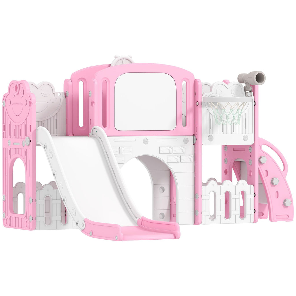 7 in 1 Kids Slide with Climber, Basketball Hoop, Telescope, Indoor Outdoor Playground, for Boys Girls Ages 1-3, Pink