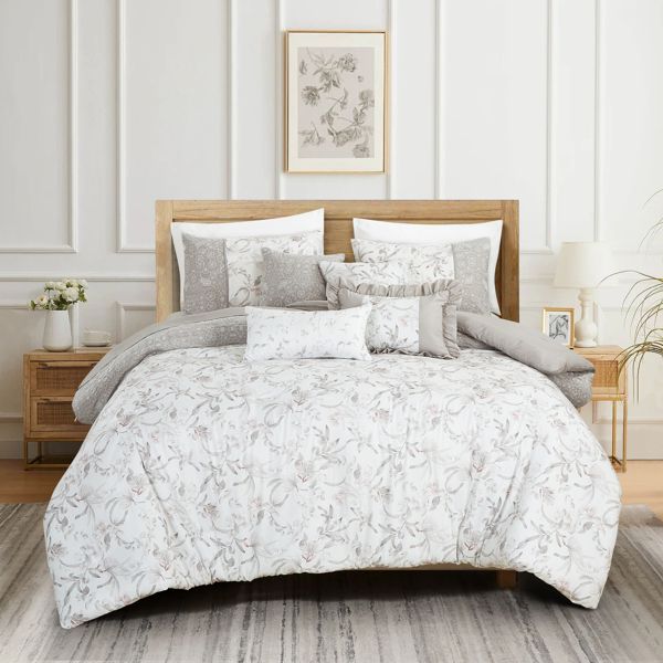 7 PCS Botanical Leaves Printed Comforter Set Embroidered Bed in a Bag