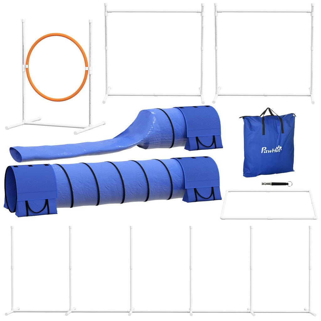 7 Pcs Dog Agility Training Equipment Set with Tunnels, Weave Poles, Adjustable Hurdle, Jumping Ring, Pause Box, Blue Pet Training