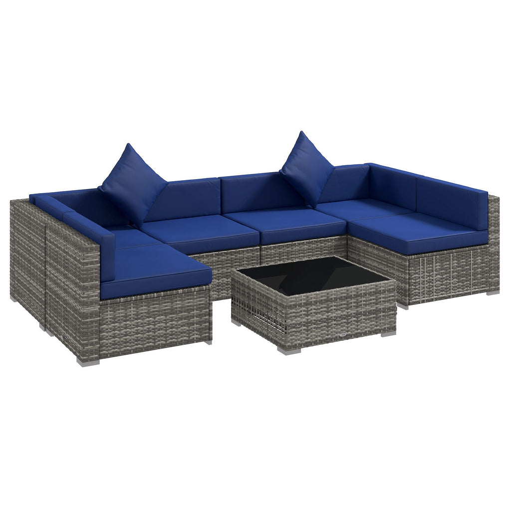 7-Piece Outdoor Rattan Sofa Set, Wicker Patio Furniture, with Glass Top Coffee Table, Pillows Included, Mixed Gray and Blue