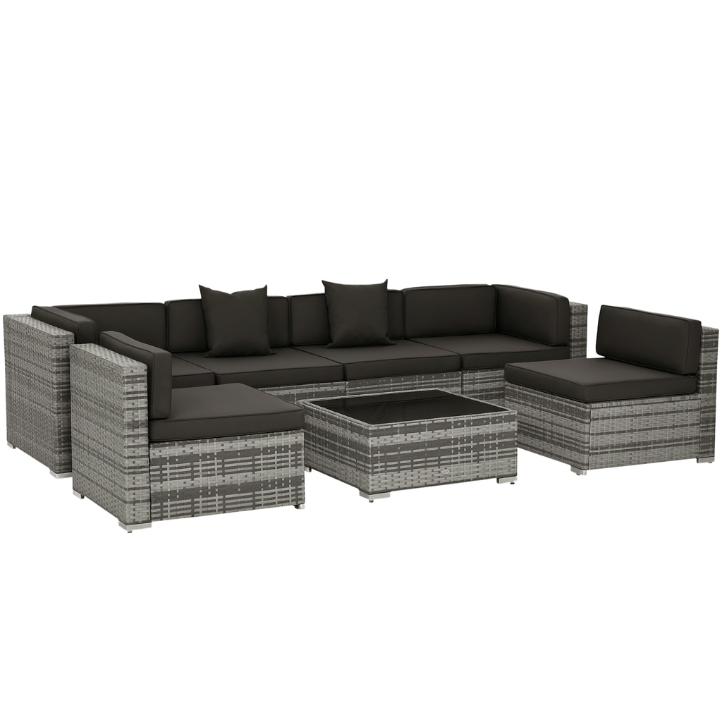 7-Piece Outdoor Wicker Patio Furniture Set PE Rattan Conversation Sofa with Cushions & Tempered Glass Desktop Charcoal