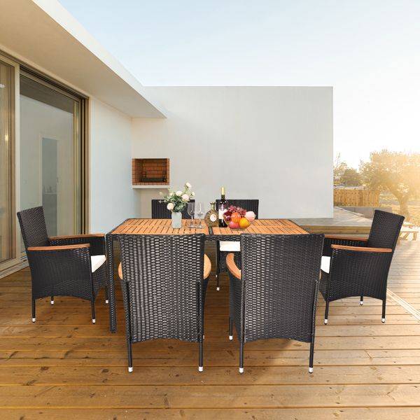 7 Piece Patio Dining Set, Outdoor Patio Conversation Set with Acacia Wood Table Top and Rattan Chairs and Soft Seat Cushions for Deck Backyard Garden, Black