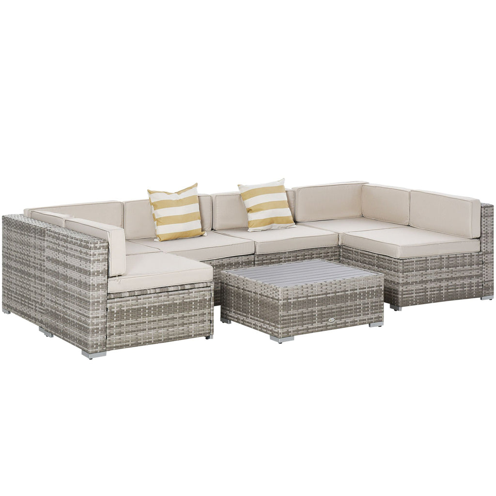 7-Piece Patio Furniture Sets, Outdoor Wicker Conversation Sets, All Weather PE Rattan Sofa Set with Cushions & Slat Plastic Wood Table, Beige
