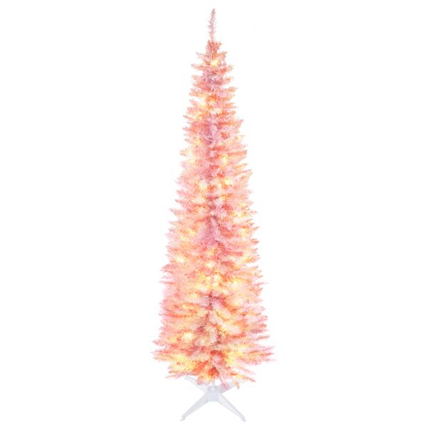 7' Tall Pre-Lit Slim Noble Fir Artificial Christmas Tree with 200 Warm White LED Lights and 499 Tips, for Christmas Decoration, Pink